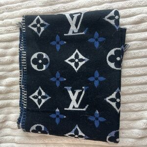 Louis Vuitton “All About Monogram” Wool Scarf – Blue & Black Reversible (NWT)